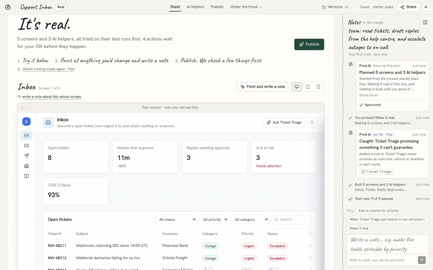 A project in Prod AI: the app's screens, its AI helpers and the price on one sheet, with notes in the margin